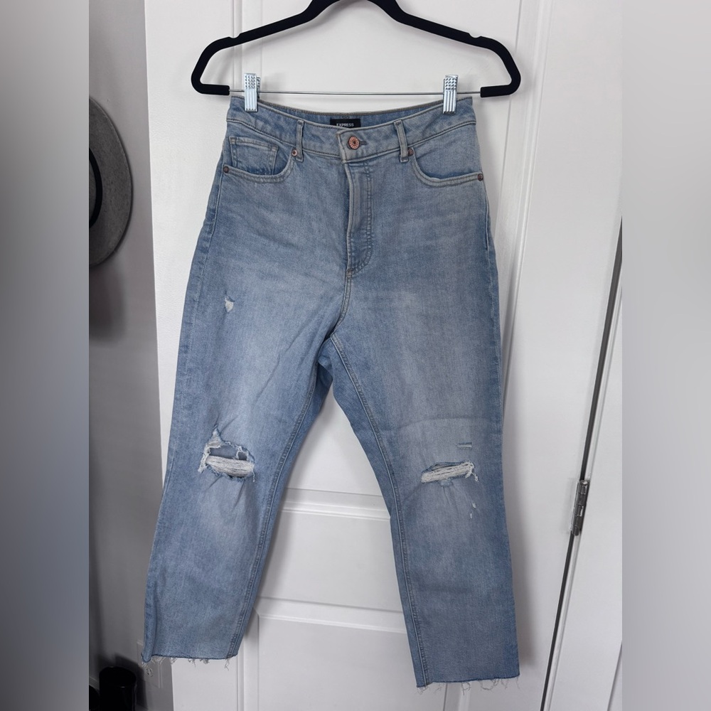 Express Blue Curvy Mom Jeans with Distressed Details